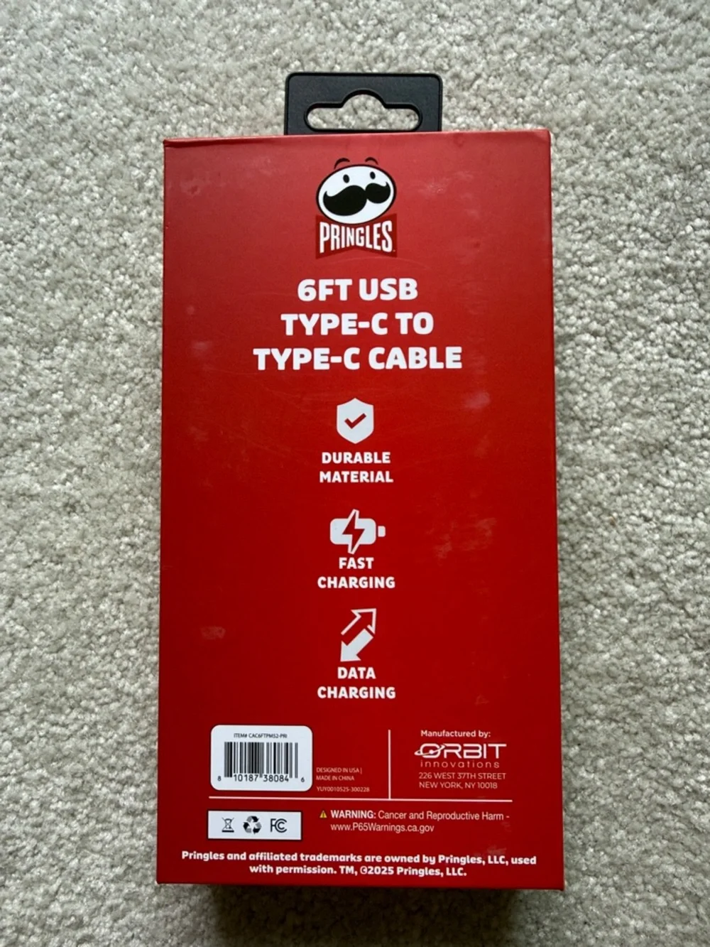 Pringles Yellow Braided USB-C to USB-C 6ft Charging Cable